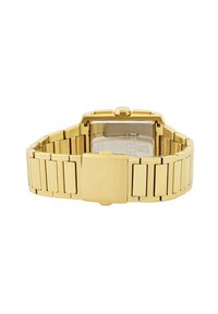 Orologio rettangolare dorato con bracciale in metallo, caratterizzato da una finitura lucida, una corona nella parte superiore e un fondello trasparente.