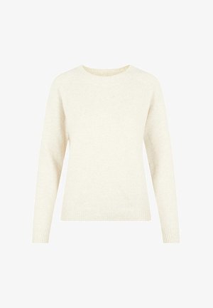 Kremasti pulover od mekanog pletiva. Ima zaobljeni izrez i duge raglan rukave, s rebrastim manžetama i donjim rubom.