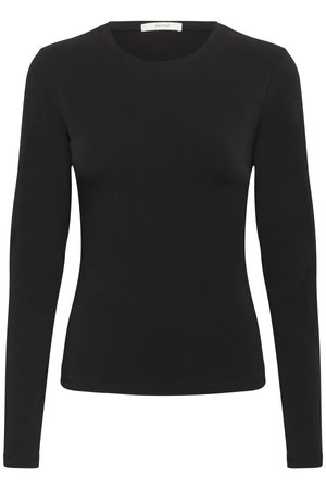 Black long-sleeve top made of soft cotton. Features a round neckline and fitted design, with smooth texture and no visible patterns or hardware.