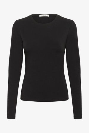 Zwart langharig shirt gemaakt van zachte katoen. Heeft een ronde halslijn en een aansluitend ontwerp, met een gladde textuur en geen zichtbare patronen of accessoires.