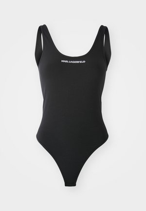 Maillot de bain noir une pièce avec un décolleté arrondi et une jambe haute. Présente le logo "KARL LAGERFELD" en blanc. Fabriqué en tissu lisse.