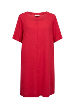 Red, short-sleeve, knee-length linen dress with round neckline and center seam detailing.