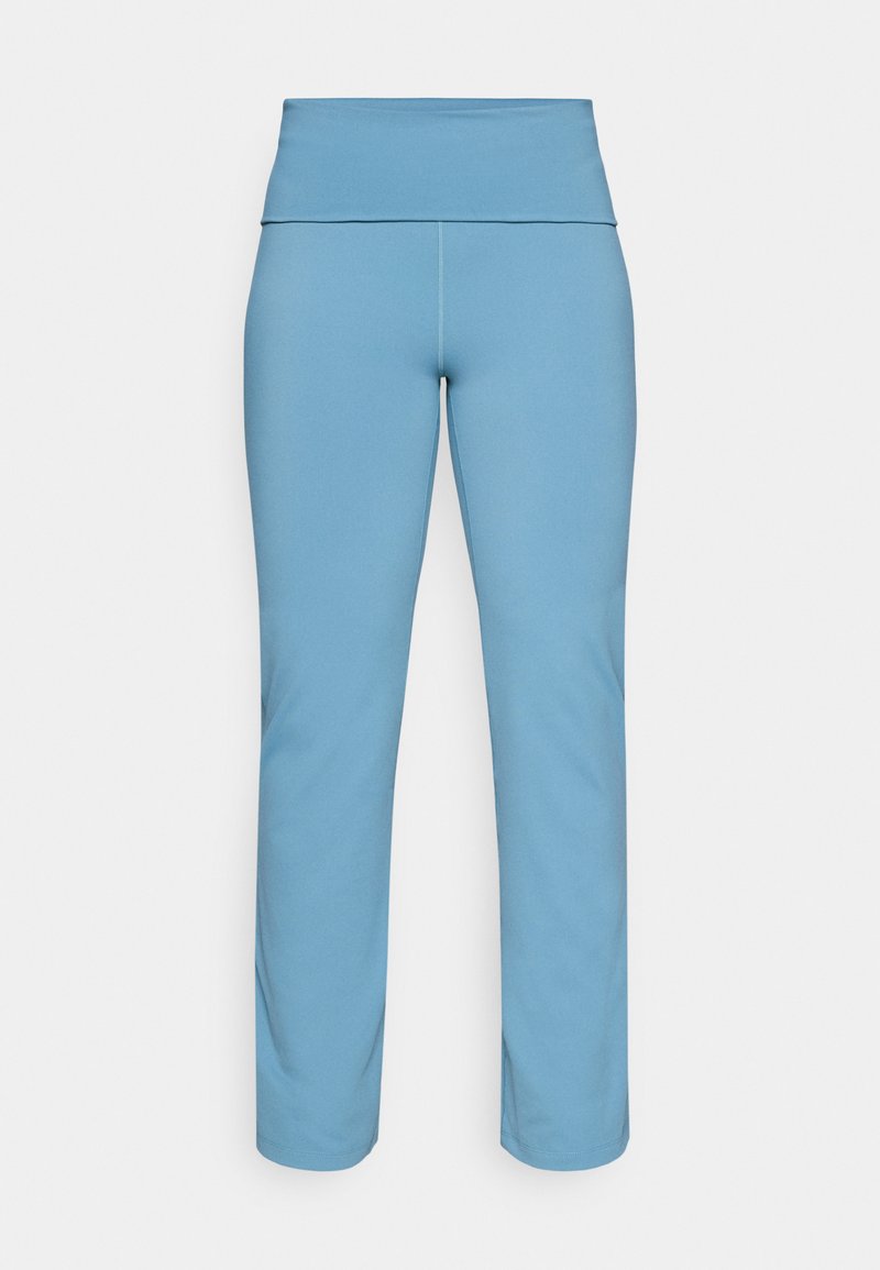 Leggings azzurri chiari con un alto e liscio punto vita, realizzati in materiale elastico, caratterizzati da un design dritto e sobrio senza fantasie.