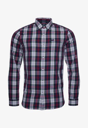 Chemise à carreaux pour homme en bleu marine, rouge et blanc. Fabriquée en coton avec des manches longues, un col et une poche poitrine unique.