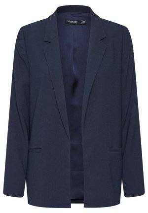 Námořnický modrý blejzr vyrobený z hladké tkaniny, s dlouhými rukávy, klopovým límcem a dvěma předními kapsami. Otevřená silueta bez zapínání.