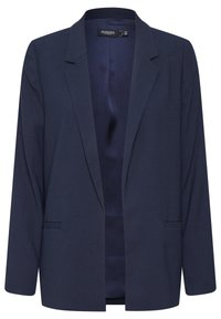 Námořnická modrá blazer s klopami, otevřeným předním dílem a dvěma bočními kapsami. Vyrobena z texturované látky s dlouhými rukávy a hladkým interiérem.