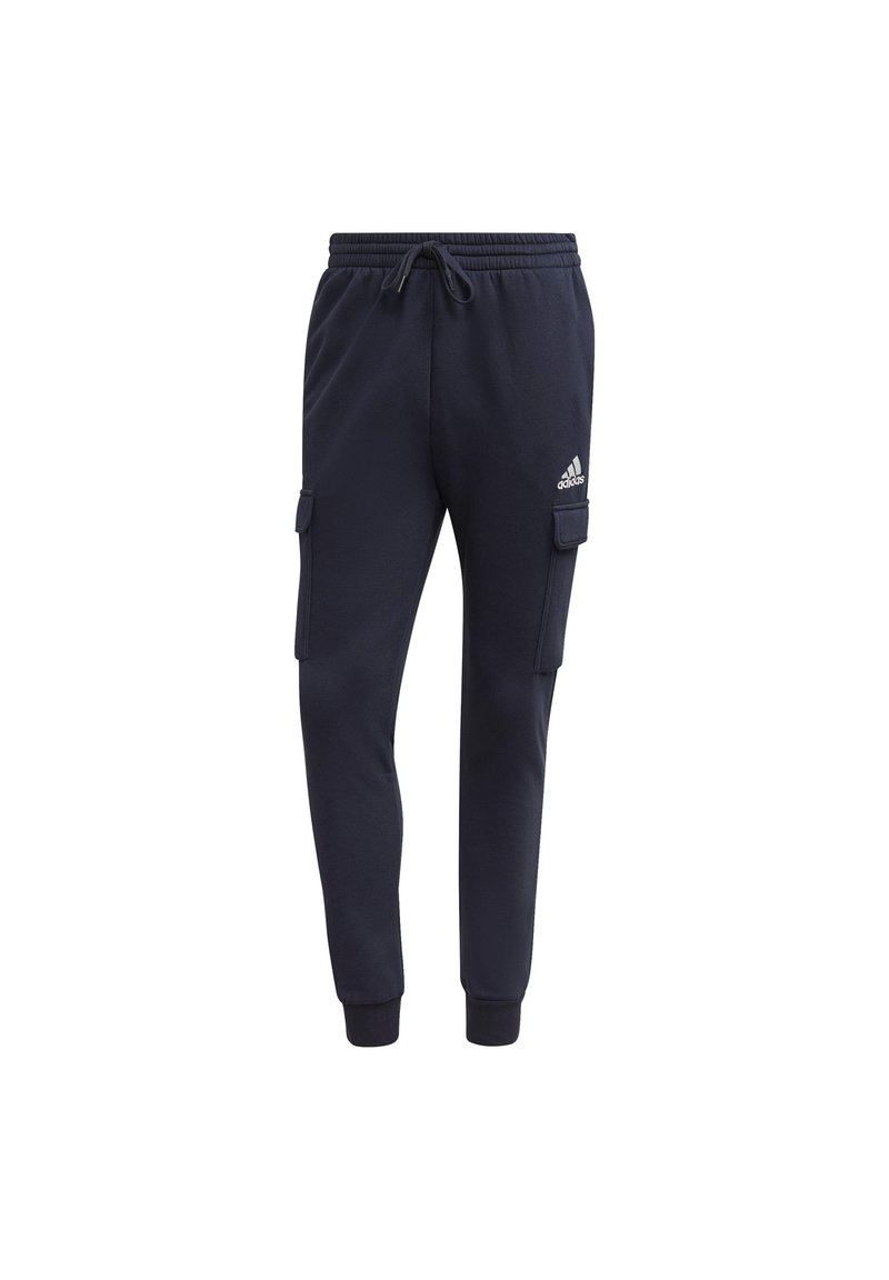 Jogger blu navy con vita regolabile, gambe affusolate e tasche cargo laterali. Presenta un logo Adidas bianco sulla coscia superiore sinistra.