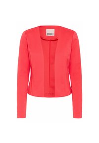 Korallfärgad kavaj från ICHI med långa ärmar, rak skärning och öppen framdesign. Slätt tyg med en subtil glans.