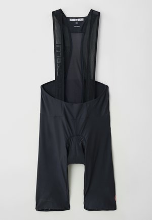 Schwarze Radsport-Bib-Shorts mit Netzträgern, elastischem Material, gepolstertem Sitzbereich und Logodetail am Saum. Leichtes und körpernahes Design.