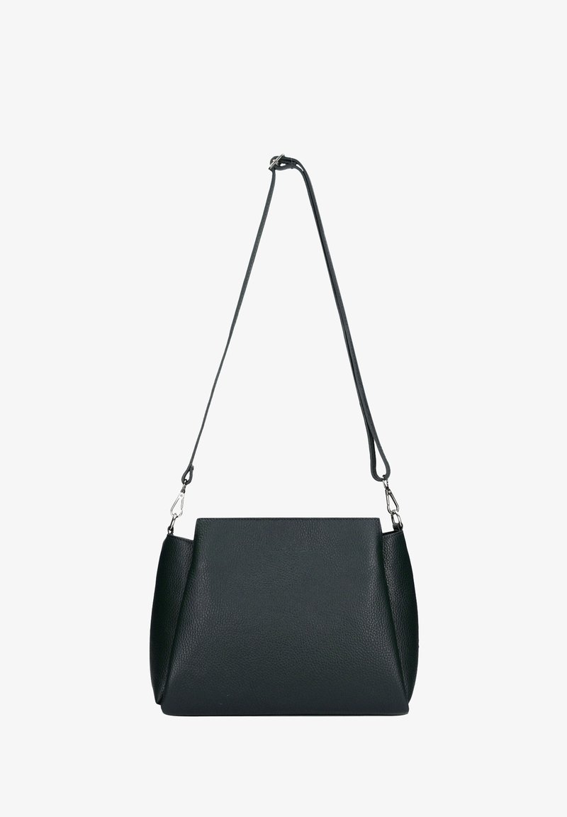 Czarna skórzana torebka na ramię z teksturowaną powierzchnią, w geometrycznym kształcie, z jedną regulowaną rączką; posiada akcenty w kolorze srebrnym.