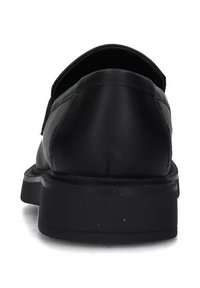 Scarpa in pelle nera con finitura liscia, punta arrotondata e suola in gomma bassa, caratterizzata da cuciture minimal lungo il tallone e i lati.