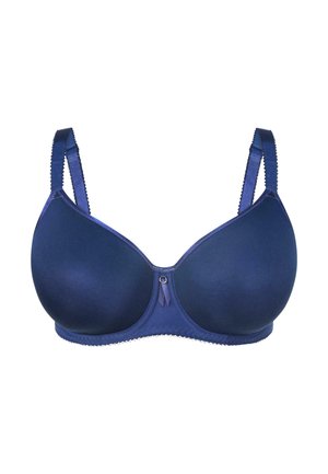 Marineblauw gewatteerde bh van gladde stof, verstelbare bandjes en decoratieve geschulpte randen. Het midden is versierd met een klein accent.