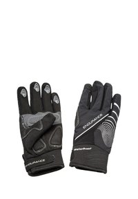 Svarta vattentäta handskar med texturerat grepp, nätfärger och reflexdetaljer. Förstärkta handflator och ergonomisk passform för komfort.