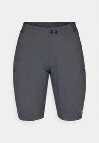 Dunkelgraue Shorts aus einem glatten, dehnbaren Stoff. Mit einem breiten Taillenbund, der zwei schwarze Knöpfe und schräg geschnittene Seitentaschen hat.