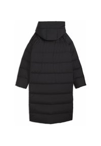 Doudoune noire avec capuche, au design long, texture matelassée et manches larges, offrant une apparence confortable et chaude.