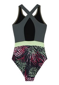 Costume intero grigio scuro con spalline incrociate. Presenta un motivo di foglie tropicali nere e multicolori sul torso.