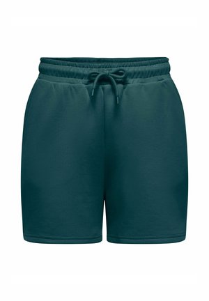 Shorts à taille élastique vert foncé avec poches avant et cordon de serrage noué, fabriqués en tissu doux pour un usage décontracté.
