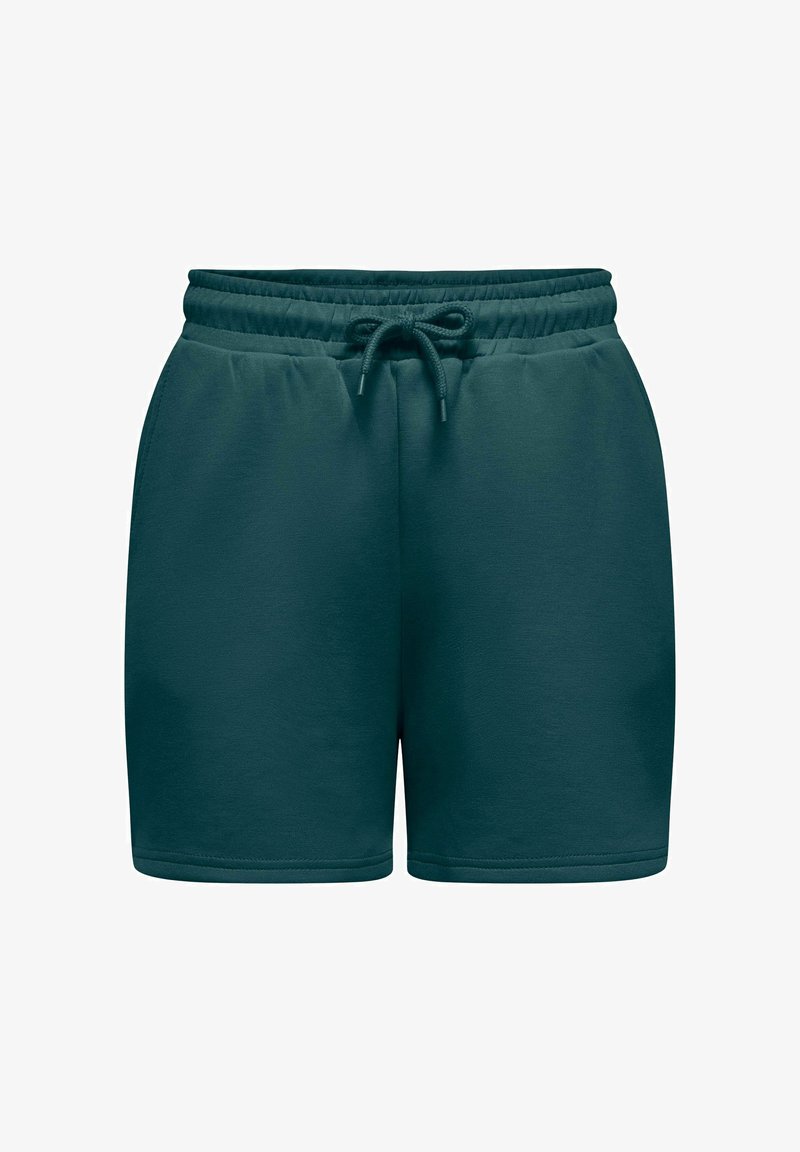 Mørkegrønne elastiske shorts med lommer foran og en bundet snøre i taljen, lavet af blødt stof til afslappet brug.