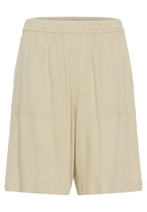 Beige linen shorts with an elastic waistband, featuring two large front pockets and a relaxed fit. Smooth texture, knee-length design.