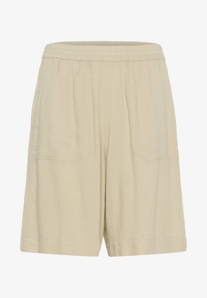 Beige linen shorts with an elastic waistband, featuring two large front pockets and a relaxed fit. Smooth texture, knee-length design.