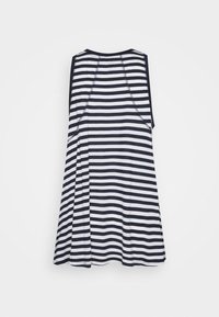 Abito senza maniche caratterizzato da audaci righe orizzontali blu navy e bianche, una vestibilità comoda e un collo rotondo con dettagli di cucitura visibili.