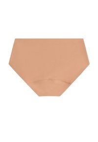 Slip hipster beige senza cuciture, realizzato in tessuto morbido con una texture liscia. Dotato di lati larghi e di un design che offre una copertura completa.