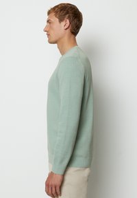 Hellgrüner, gestrickter Pullover mit Rundhalsausschnitt, langen Ärmeln und geripptem Saum. Texturiertes Gewebe mit glatter Oberfläche.