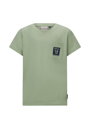 Hellgrünes Baumwoll-T-Shirt mit kurzen Ärmeln und einer Brusttasche, die mit einem dunkelblauen Grafikdesign mit der Aufschrift "TROPICAL ENDLESS SUMMER" verziert ist.