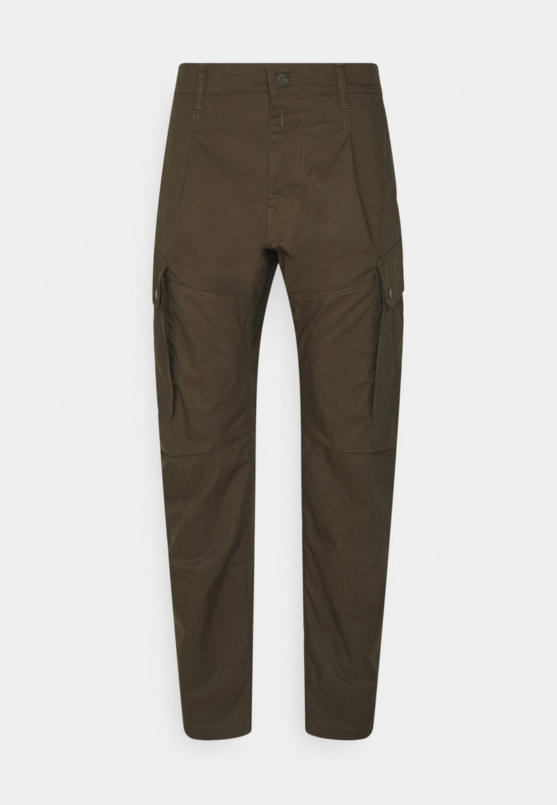 Cargo-Hosen in dunkelolivgrün mit Front- und Seitentaschen, Knopfverschluss und geradem Bein. Strukturierter Stoff.
