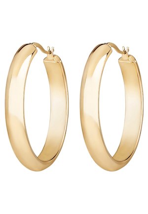 Paar dicke, polierte goldene Creolen mit abgerundeten Kanten und Scharnier-Verschlüssen vor weißem Hintergrund.