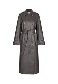 Mørkebrun skinn trenchcoat med dobbeltradede knapper, bred krage, belted midje og lange ermer med knappedeler.