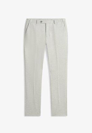 Hellgraue, schlank geschnittene Hose mit Fronttaschen, Gürtelschlaufen, Knopfverschluss und einem sauberen, faltenfreien Finish.