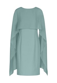 Helles türkisfarbenes Kleid mit runder Ausschnitt, fließenden Kapuzenärmeln und einer taillierten Silhouette. Aus glattem, weichem Material. Keine sichtbaren Muster oder Akzente.