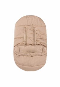 Nid de bébé matelassé beige en forme ovale, doté de deux bretelles ajustables et d'une poche avant avec ouverture pour fixer un harnais de sécurité.