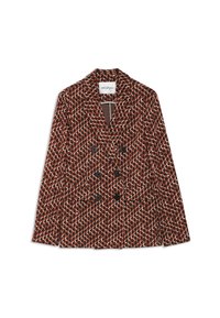 Kaksirivinen bleiseri ruskeana, jossa on punaisia ja valkoisia ympyröitä sisältävä kuviotyyli. Varustettu mustilla takeilla ja taskuilla.