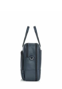 Granatowa skórzana torba o prostokątnym kształcie, z dwoma górnymi uchwytami i zasuwaną kieszenią. Posiada boczną kieszeń oraz metalowy akcent w postaci pierścienia.