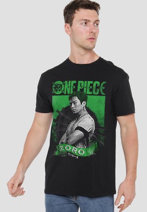 Black cotton t-shirt featuring a green graphic design of a character with the text "ONE PIECE" and "ZORO" prominently displayed.