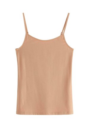 Ljus persikofärgad tanktop med tunna justerbara axelband, en mjuk bomullsblandning och en slät textur. Har en rundad halsringning och rak fåll.