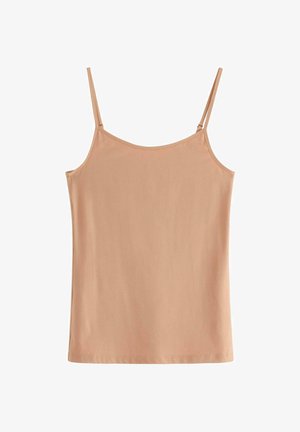 Lyse ferskenfarvet tanktop med tynde justerbare stropper, en blød bomuldsblanding og en glat overflade. Har en rund halsudskæring og lige kant.