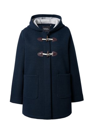 Cappotto in misto lana blu navy con cappuccio, chiusura a bottoni a pressione, due tasche frontali e finitura texturizzata.