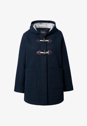 Cappotto in misto lana blu navy con cappuccio, chiusura a bottoni a pressione, due tasche frontali e finitura texturizzata.