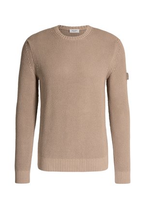 Beiger Strickpullover mit langen Ärmeln und rundem Ausschnitt, gerippten Bündchen und Saum, mit einem kleinen Markenetikett am linken Ärmel.
