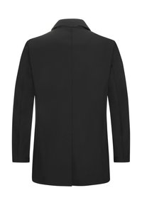 Schwarze Blazer mit klassischem Kragen, glatter Textur und langen Ärmeln. Verfügt über einen Schlitz hinten und minimale Nahtdetails.