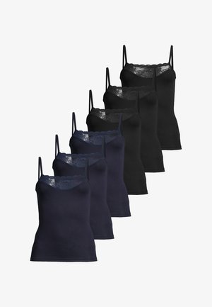 Sept caracos bordés de dentelle en noir et bleu marine, disposés en deux rangées avec des bretelles fines.