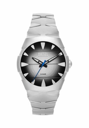 Silberne Diesel-Armbanduhr mit schwarzem Farbverlauf-Zifferblatt, weißen Stundenmarkierungen, blauem Sekundenzeiger und 5 BAR Wasserdichtigkeitskennzeichnung.