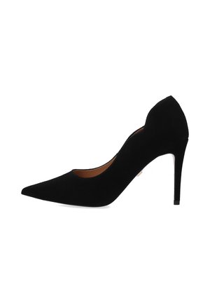 Black suede high-heeled pump with a pointed toe and curved vamp design, featuring a sleek, shiny heel and minimalistic silhouette.