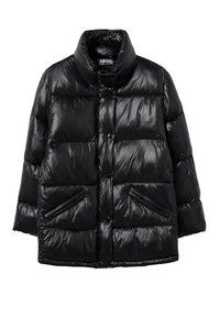 Veste matelassée noire brillante avec col montant, boutons-pression à l'avant et poches latérales zippées, présentée sur fond blanc.
