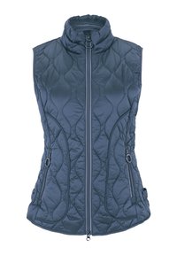 Gevoerde marineblauwe vest met hoge kraag, met een ritssluiting aan de voorkant, twee zijzakken en een gestructureerd gewatteerd ontwerp.