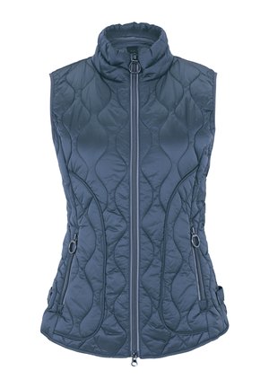 Gestepptes, navyblaues Weste mit hohem Kragen, ausgestattet mit einem Frontreißverschluss, zwei Seitentaschen und einem strukturierten Steppmuster.