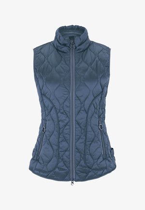 Gestepptes, navyblaues Weste mit hohem Kragen, ausgestattet mit einem Frontreißverschluss, zwei Seitentaschen und einem strukturierten Steppmuster.